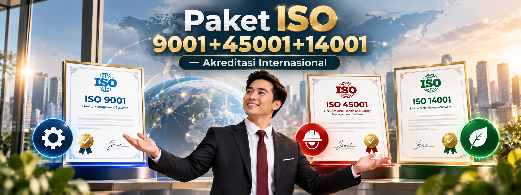Ilustrasi Paket ISO 9001+45001+14001 — Akreditasi Internasional